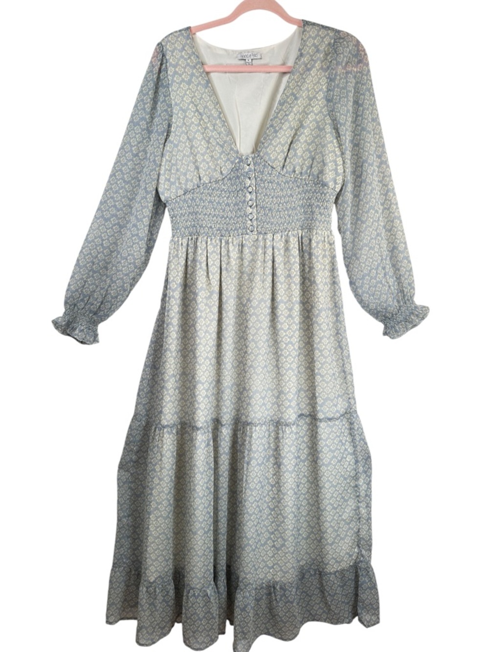 Patrons of Peace Smocked Maxi Dress M Boho Prairie New Romantic Long Sleeve - Picture 2 of 16